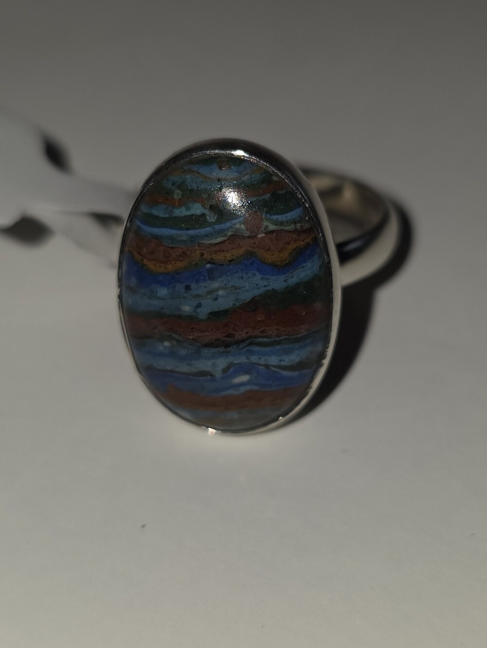 Multicolor Rainbow Calsica Striped Composite Oval Stone Sterling Silver 925.